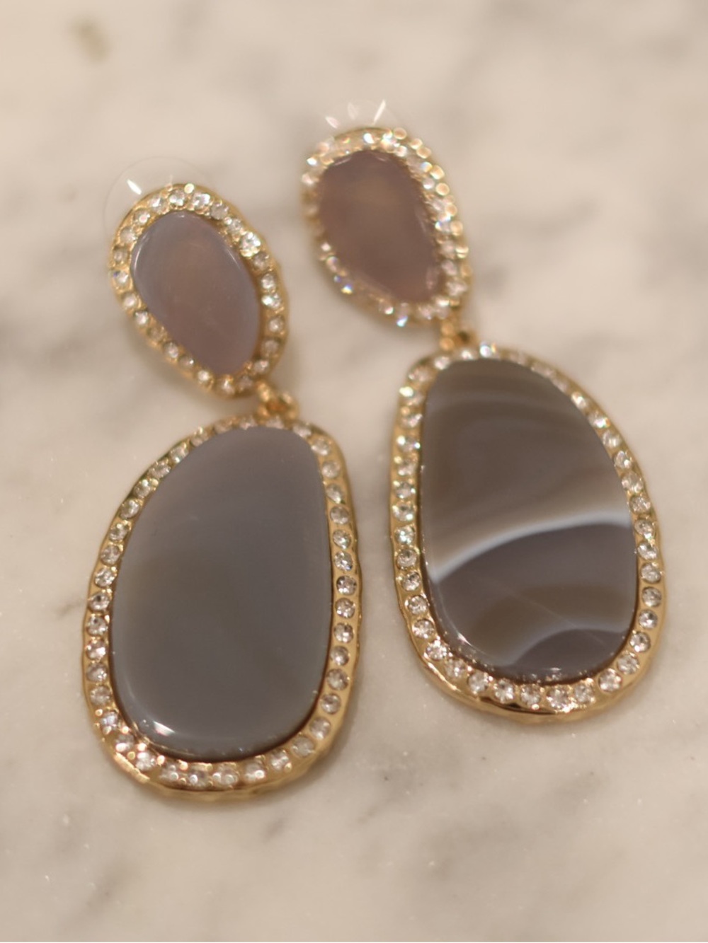 Gold-Tone Gray Agate Look Statement Drop Earrings